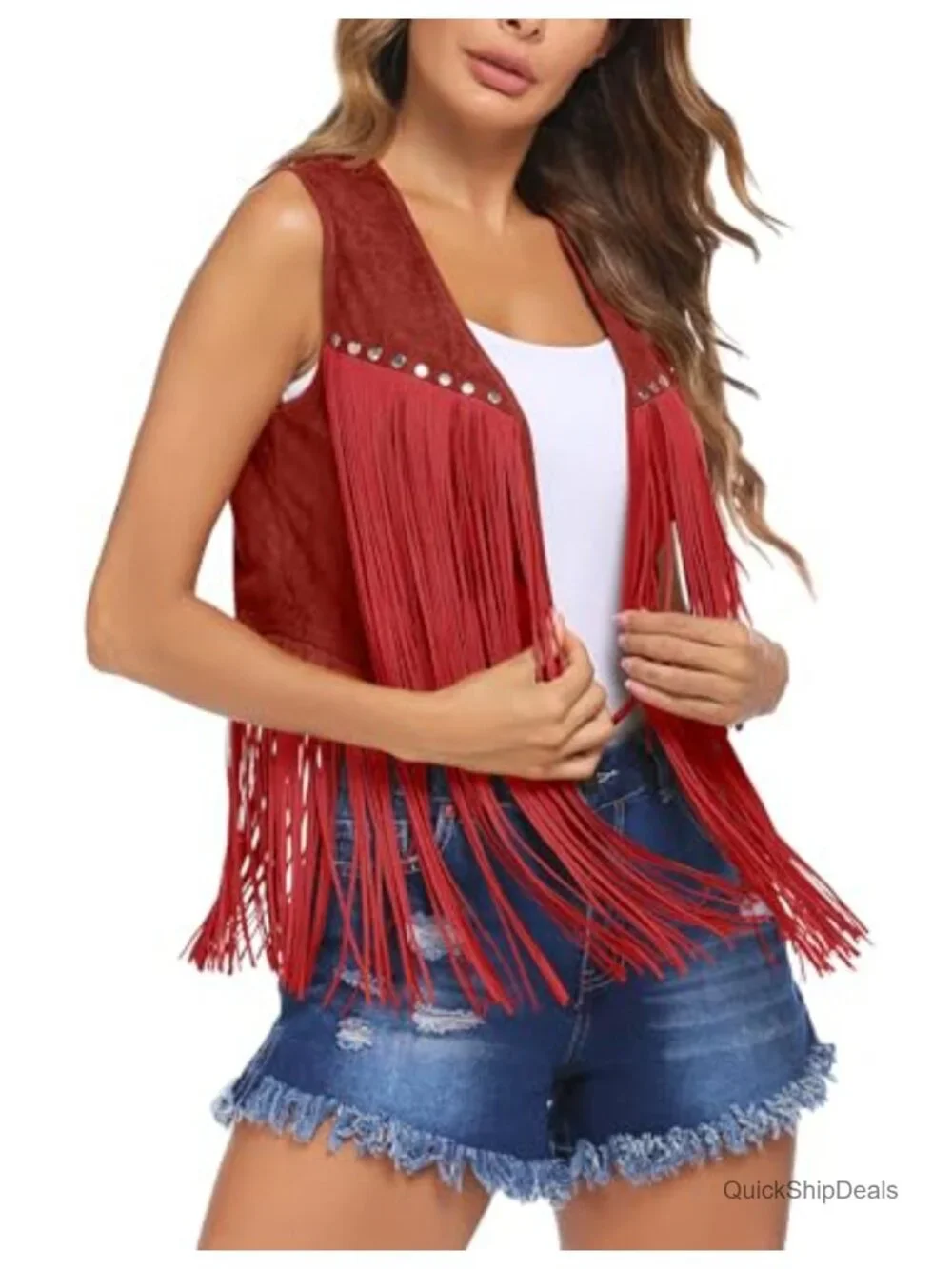 Womens Fringe Vest Sleeveless Faux Suede Tassel Cowgirl Western Outfit